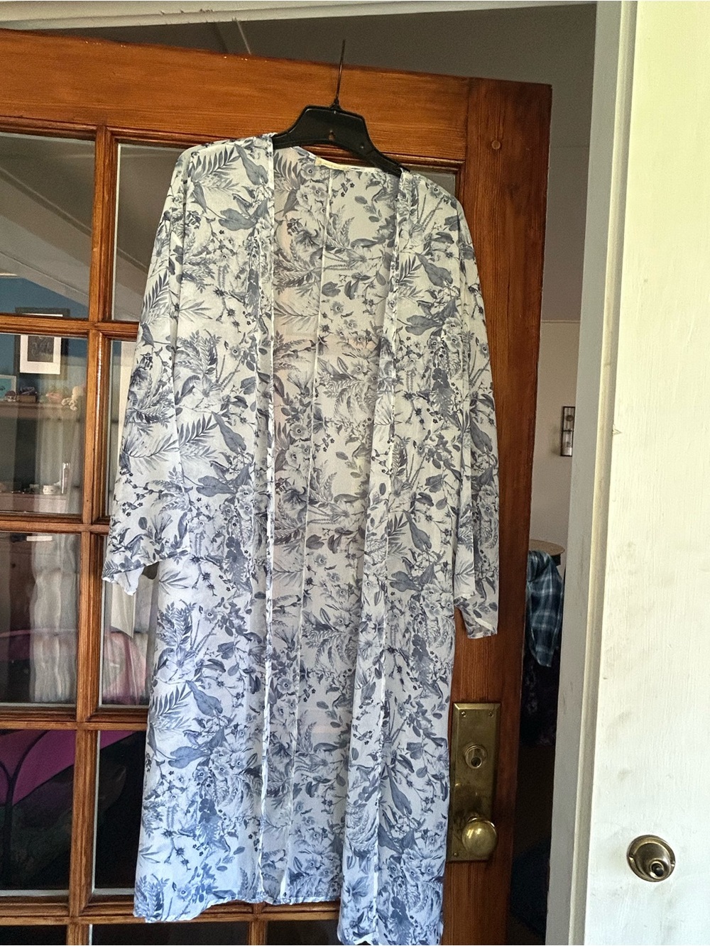 Altar'd State White Sheer Kimono/Duster with Blue Floral Print